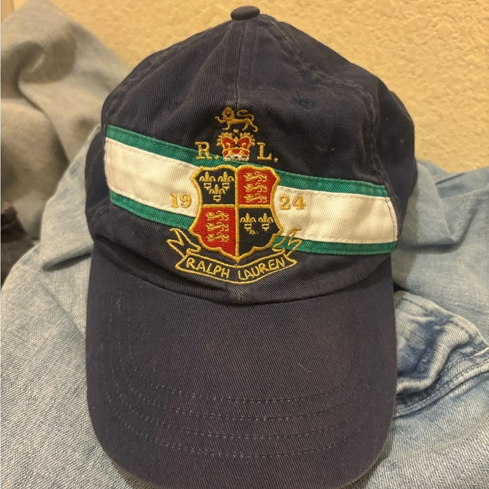 Polo Ralph Lauren Navy Crest Baseball Cap with Green & White Stripe